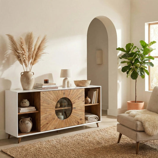 Casablanca Sideboard by LH Imports in rustic natural, white lacquer. Made from reclaimed pallet wood in a modern style.
