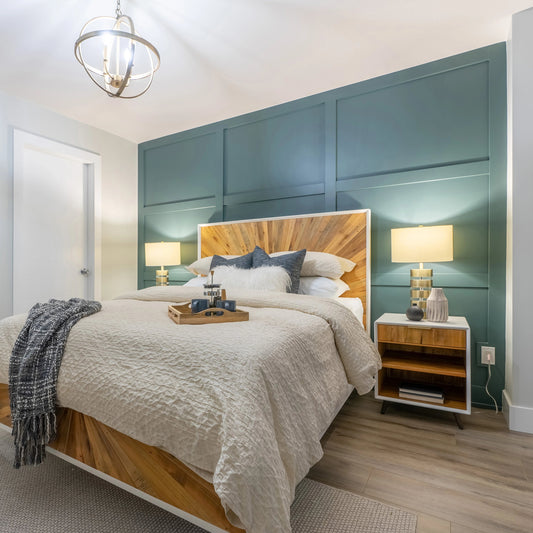 Casablanca Bed by LH Imports in white, light brown and rustic natural, white lacquer. Made from solid oak, reclaimed pine, lvl plywood, mdf in white lacquer in a modern style.