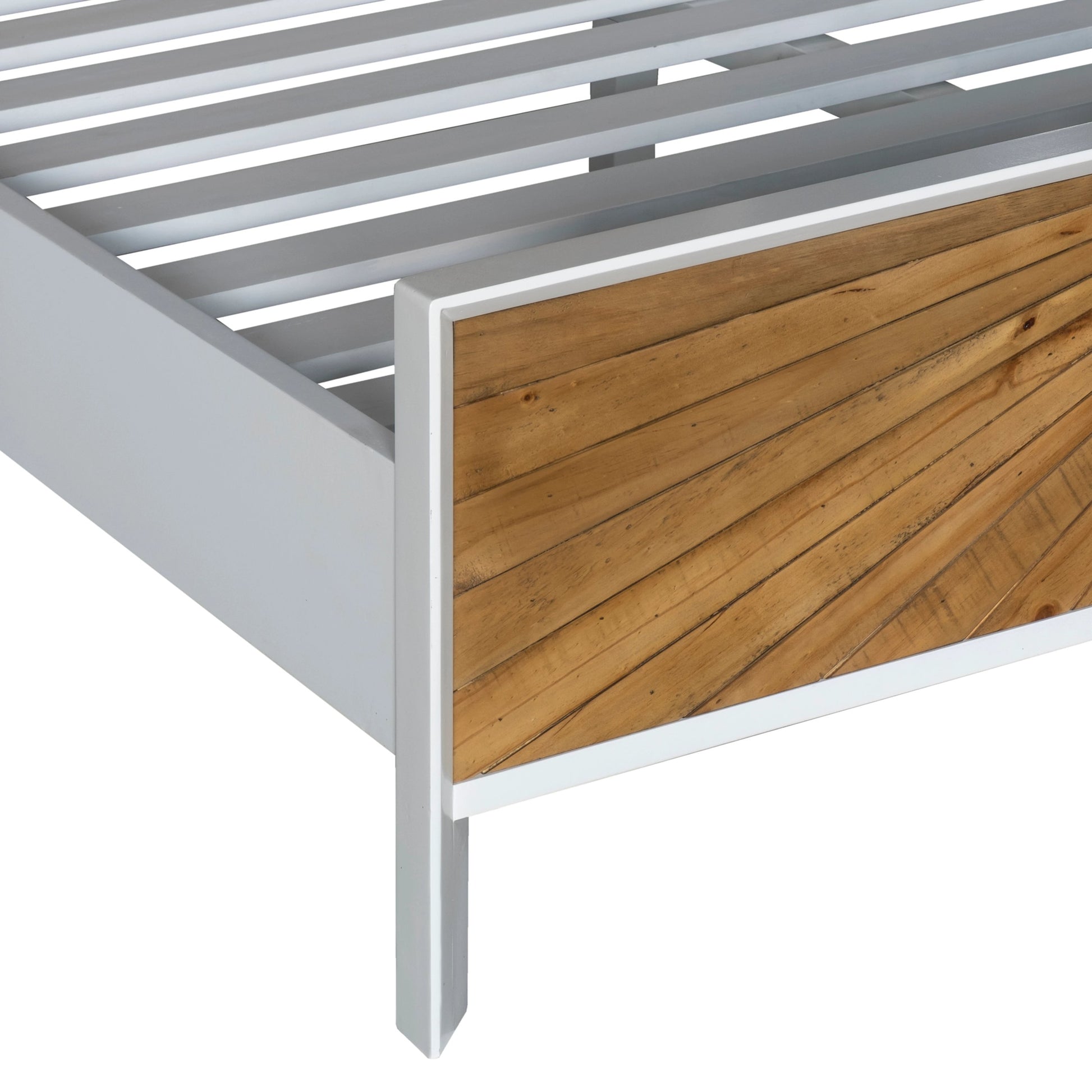 Casablanca Bed by LH Imports in white, light brown and rustic natural, white lacquer. Made from solid oak, reclaimed pine, lvl plywood, mdf in white lacquer in a modern style.