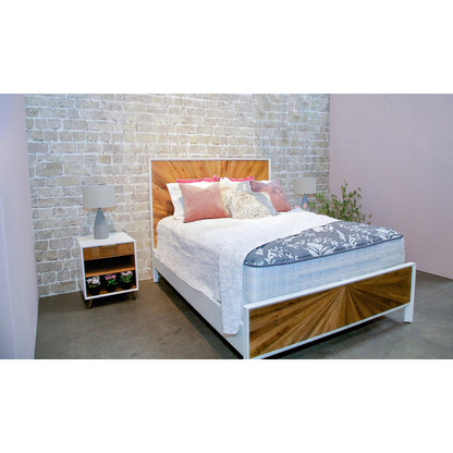 Casablanca Bed by LH Imports in white, light brown and rustic natural, white lacquer. Made from solid oak, reclaimed pine, lvl plywood, mdf in white lacquer in a modern style.