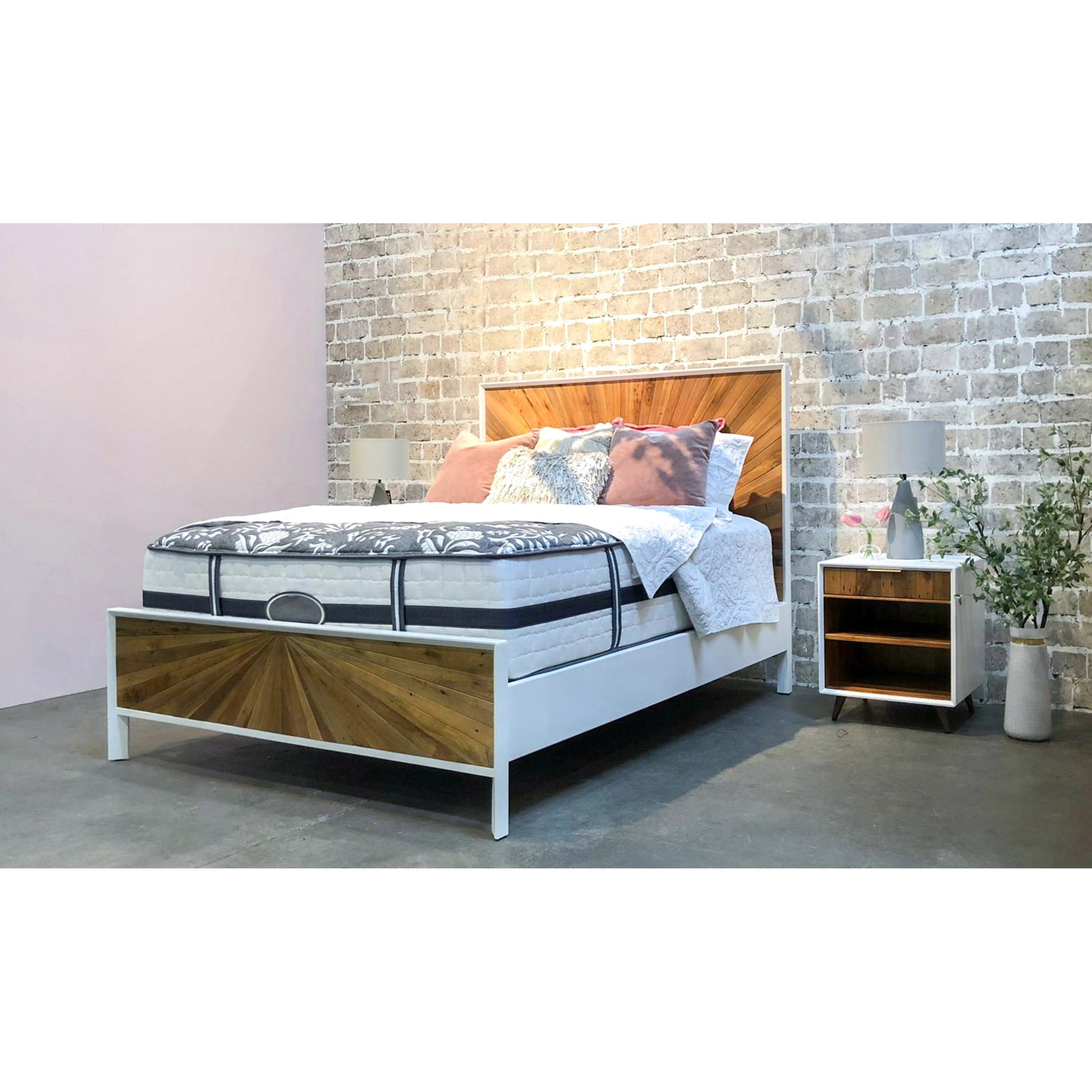 Casablanca Bed by LH Imports in white, light brown and rustic natural, white lacquer. Made from solid oak, reclaimed pine, lvl plywood, mdf in white lacquer in a modern style.