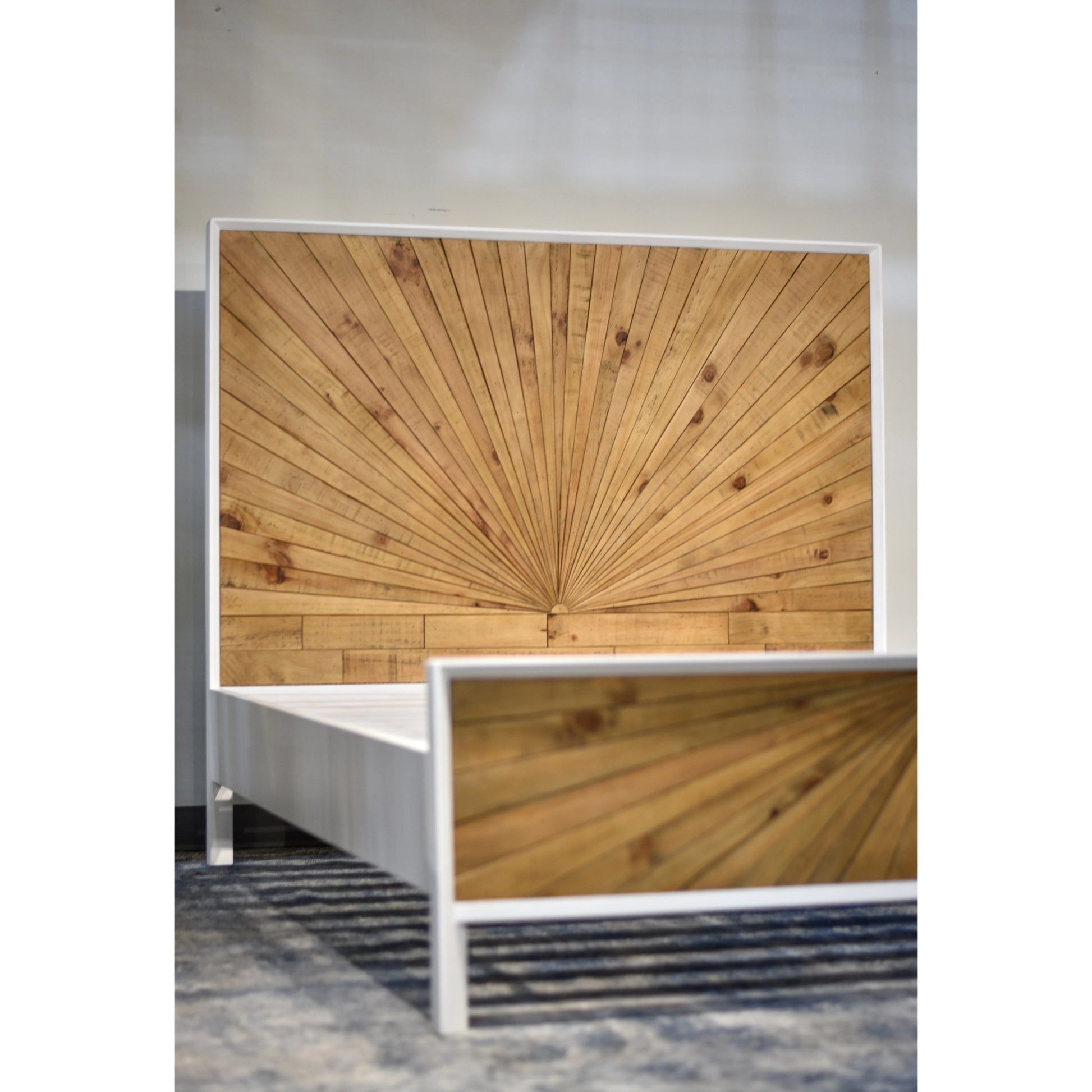 Casablanca Bed by LH Imports in white, light brown and rustic natural, white lacquer. Made from solid oak, reclaimed pine, lvl plywood, mdf in white lacquer in a modern style.