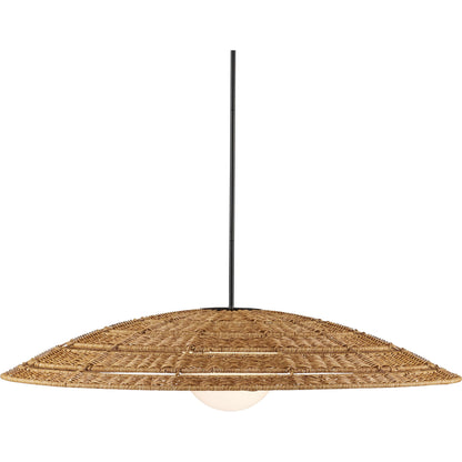 Barbary Outdoor Pendant by Currey and Company in natural, black, frosted white. Made from all-weather wicker, metal, glass in a rustic style.