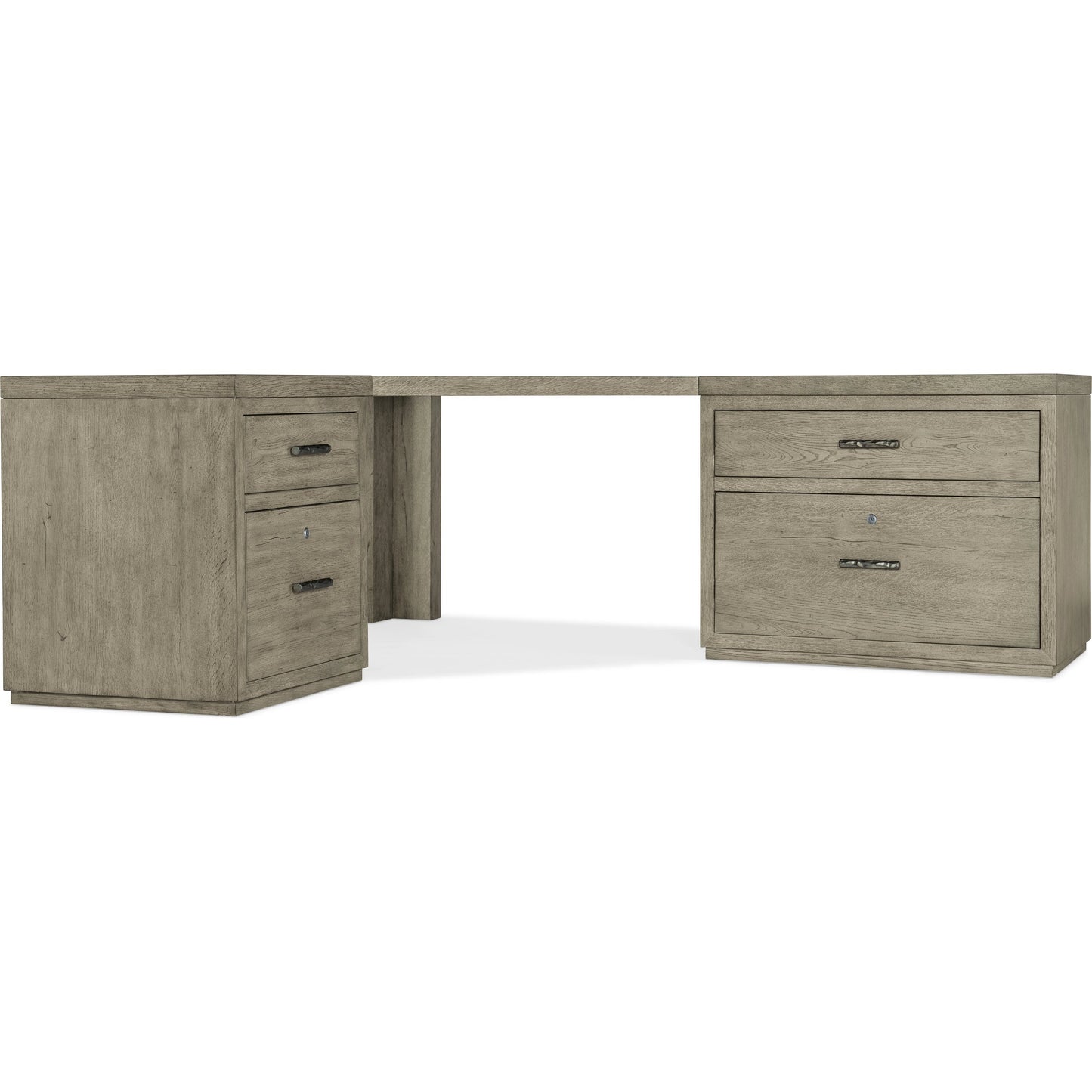 001 SI-1900740 | Primary Silo | Linville Falls Corner Desk with Lateral and Small File by Hooker Furniture in mink, antique pewter. Made from oak veneers in a modern style.