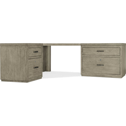 Linville Falls Corner Desk with Lateral and Small File by Hooker Furniture in mink, antique pewter. Made from oak veneers in a modern style.