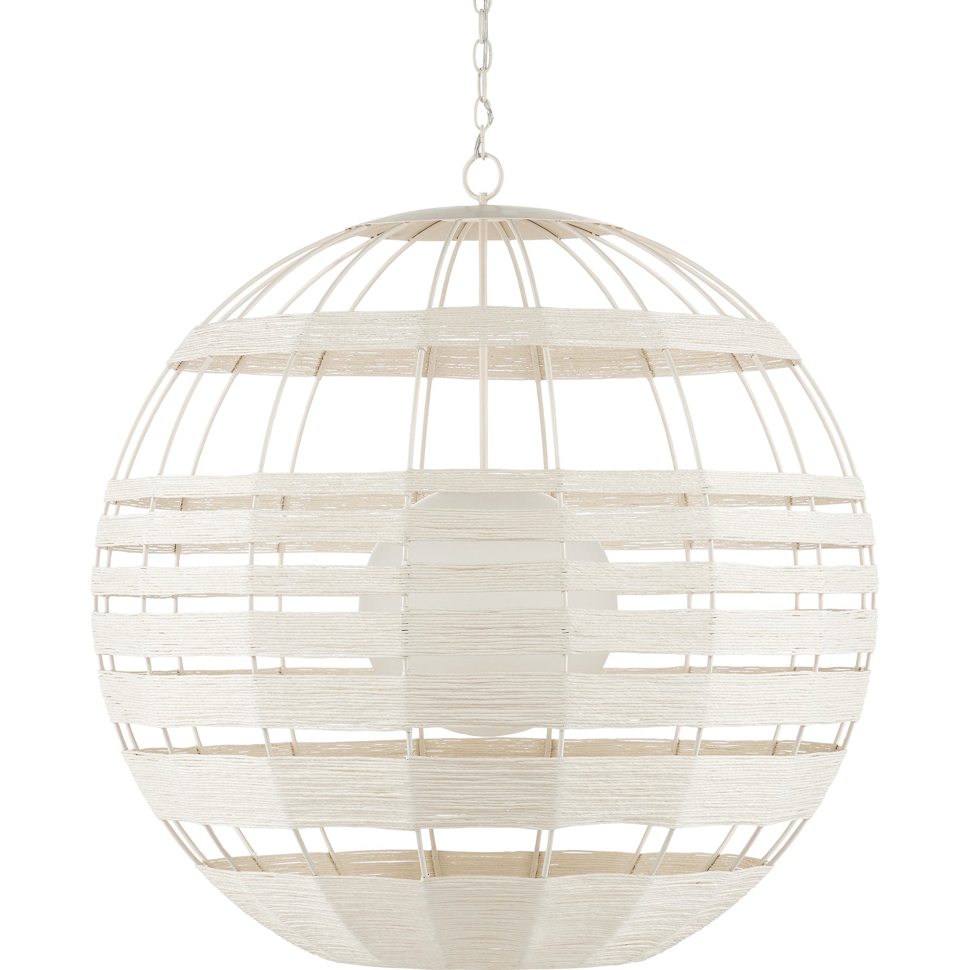 Lapsley Orb Chandelier by Currey and Company in vanilla, white. Made from wrought iron, kraft paper twine, frosted glass in a modern style.