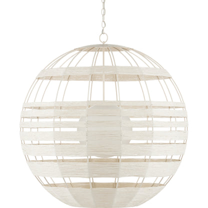 Lapsley Orb Chandelier by Currey and Company in vanilla, white. Made from wrought iron, kraft paper twine, frosted glass in a modern style.