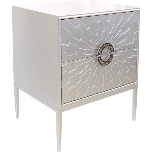 Luna Nightstand by Pasargad Home in silver. Made from wood, metal in a modern style.
