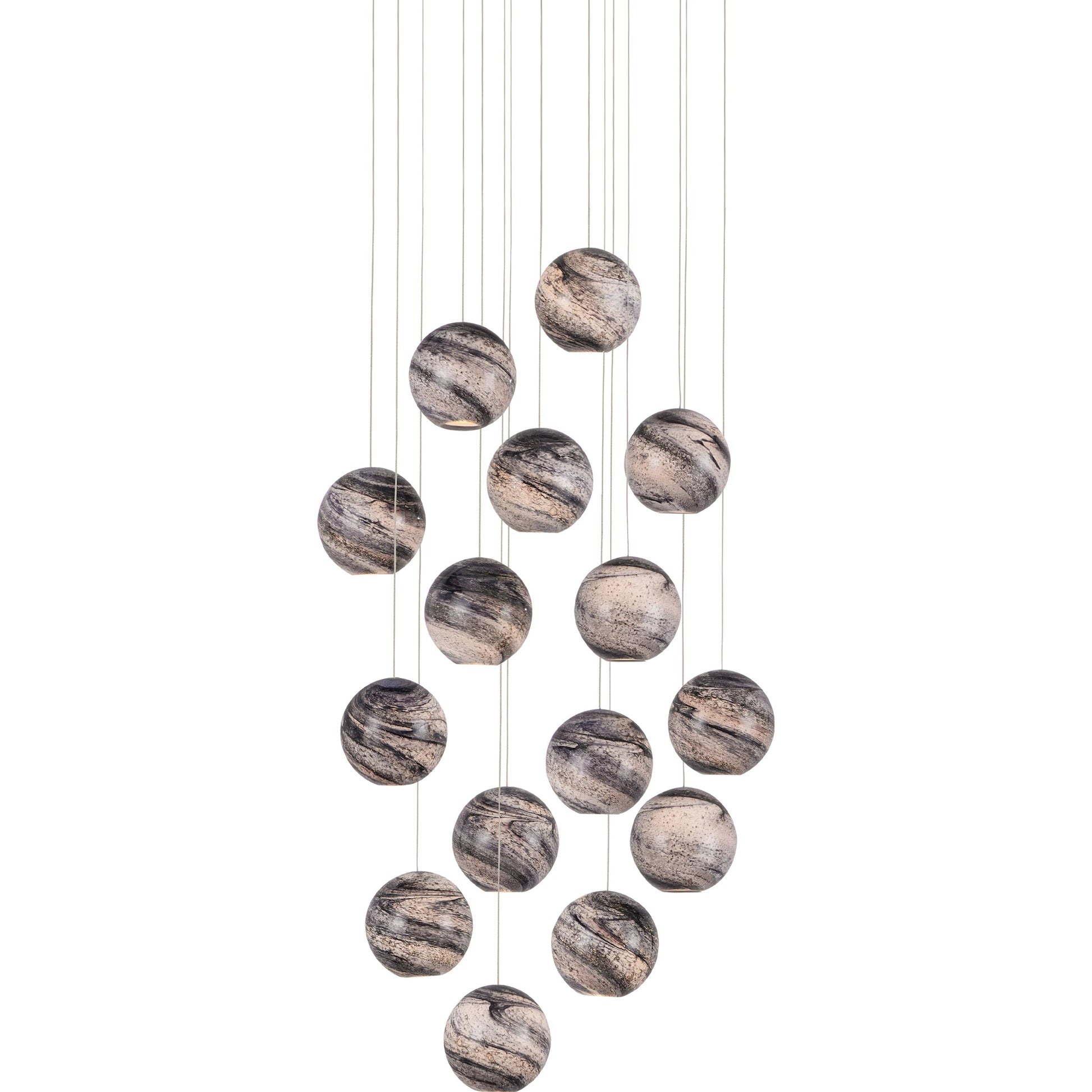 Palatino Round 15-LIGHT Multi-Drop Pendant by Currey and Company in blue marbeled, silver. Made from earth with speckles, glass in a modern style.