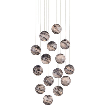Palatino Round 15-LIGHT Multi-Drop Pendant by Currey and Company in blue marbeled, silver. Made from earth with speckles, glass in a modern style.