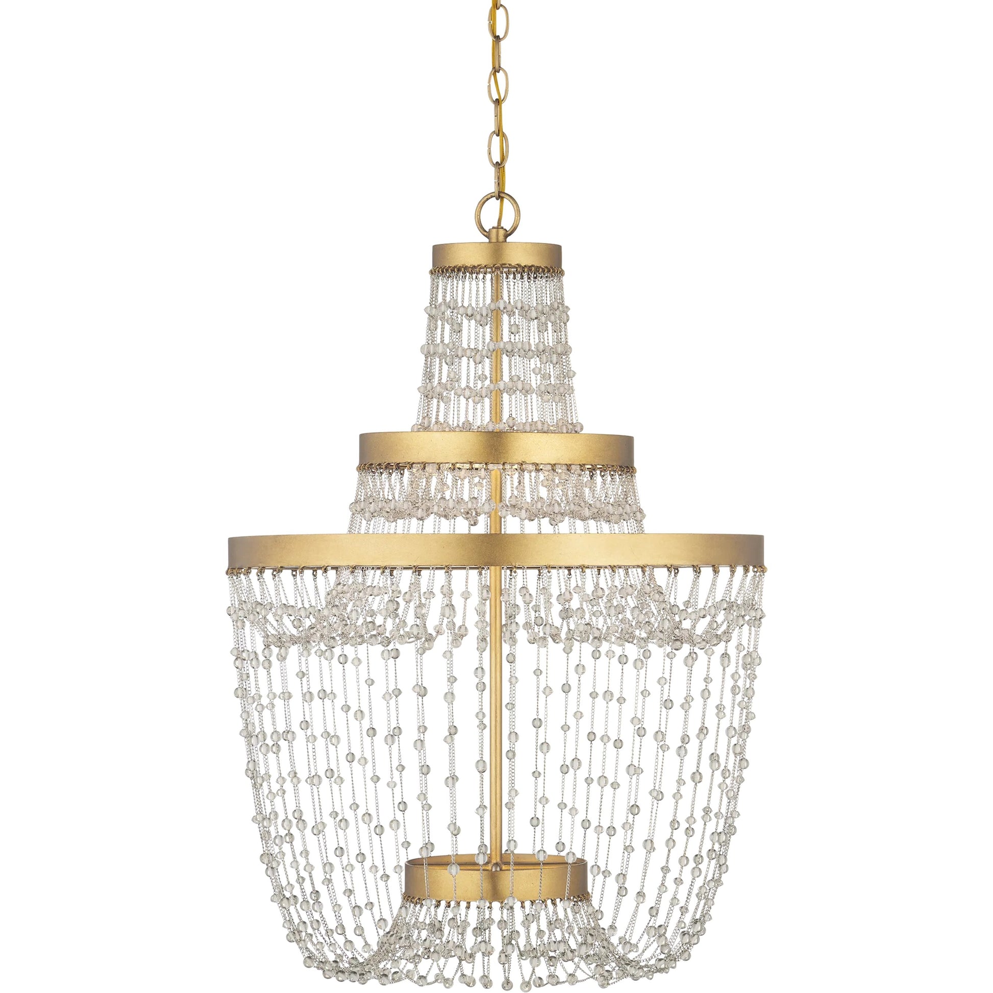 Mademoiselle Chandelier by Currey and Company in contemporary gold leaf, contemporary gold, clear. Made from glass beads, wrought iron in a unique style.