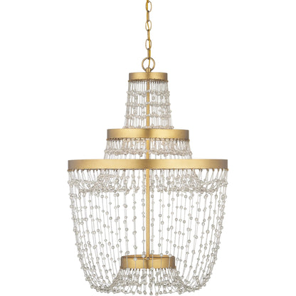 Mademoiselle Chandelier by Currey and Company in contemporary gold leaf, contemporary gold, clear. Made from glass beads, wrought iron in a unique style.
