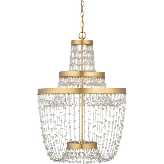 Mademoiselle Chandelier by Currey and Company in contemporary gold leaf, contemporary gold, clear. Made from glass beads, wrought iron in a unique style.