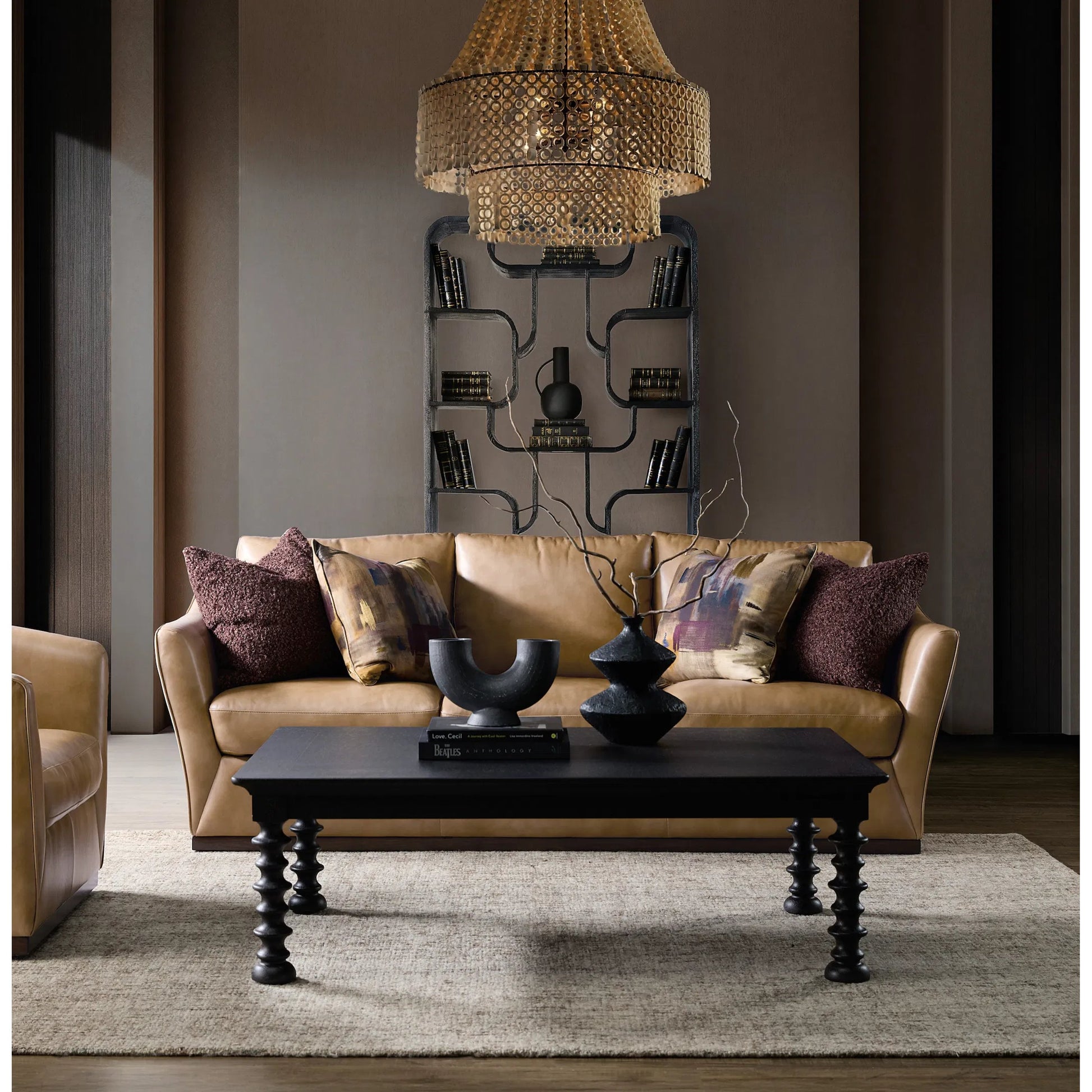 Fairfax Stationary Sofa by Hooker Furniture in dark wood. Made from leather in a traditional style.