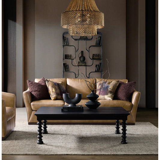 Fairfax Stationary Sofa by Hooker Furniture in dark wood. Made from leather in a traditional style.