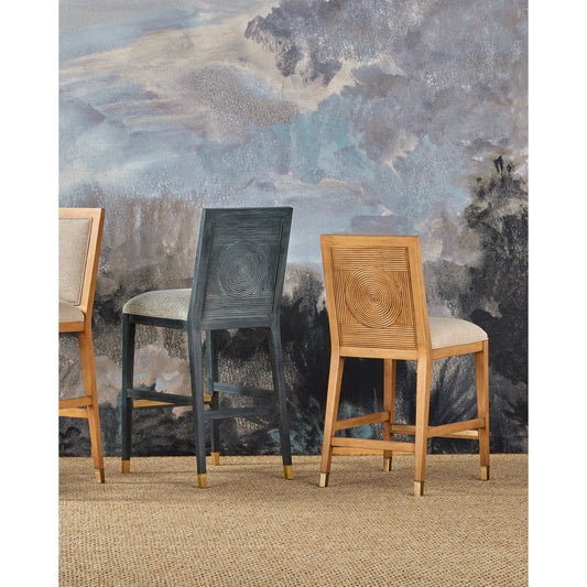 Santos Counter Stool by Currey and Company. Made from mahogany, rattan, brass in a modern style.