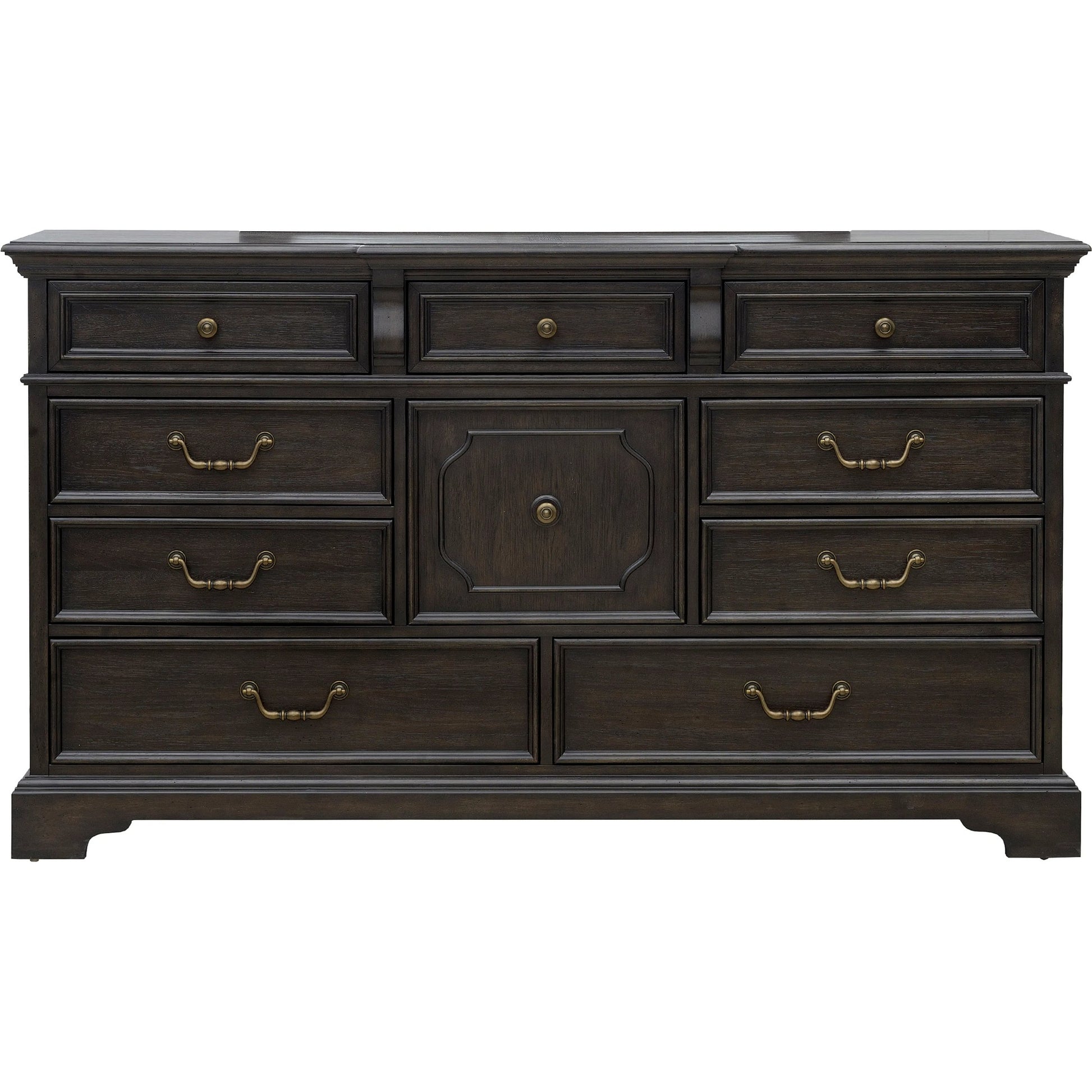 Hickory Creek 10 Drawer Dresser by Pulaski Furniture in brown velvet. Made from split heart cathedral hickory veneers in a unique style.