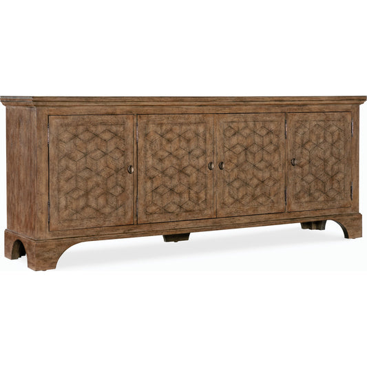 Americana Entertainment Credenza by Hooker Furniture in honey. Made from oak veneers with solid-wood edge top in a traditional style.