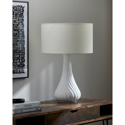 Cabezon Accent Table Lamp by Livabliss in white. Made from concrete, linen, iron in a modern style.
