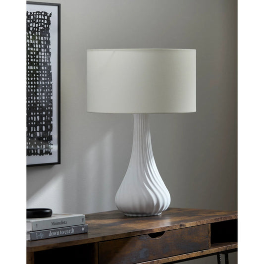 Cabezon Accent Table Lamp by Livabliss in white. Made from concrete, linen, iron in a unique style.