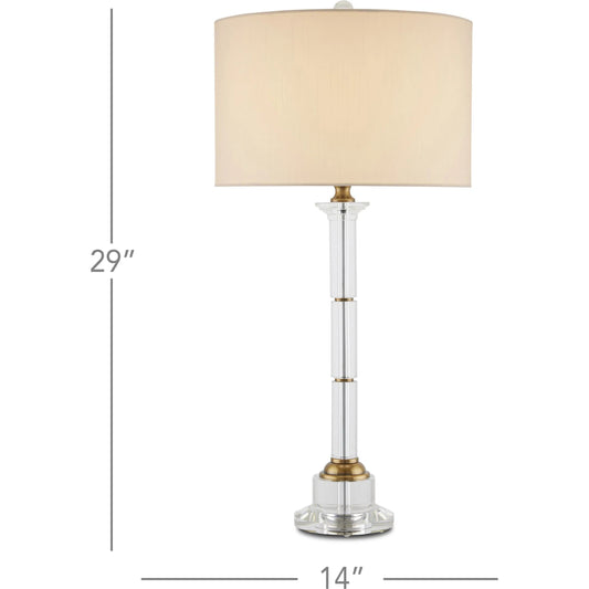 Lothian Table Lamp by Currey and Company in clear, antique brass. Made from optic crystal, metal in a transitional style.