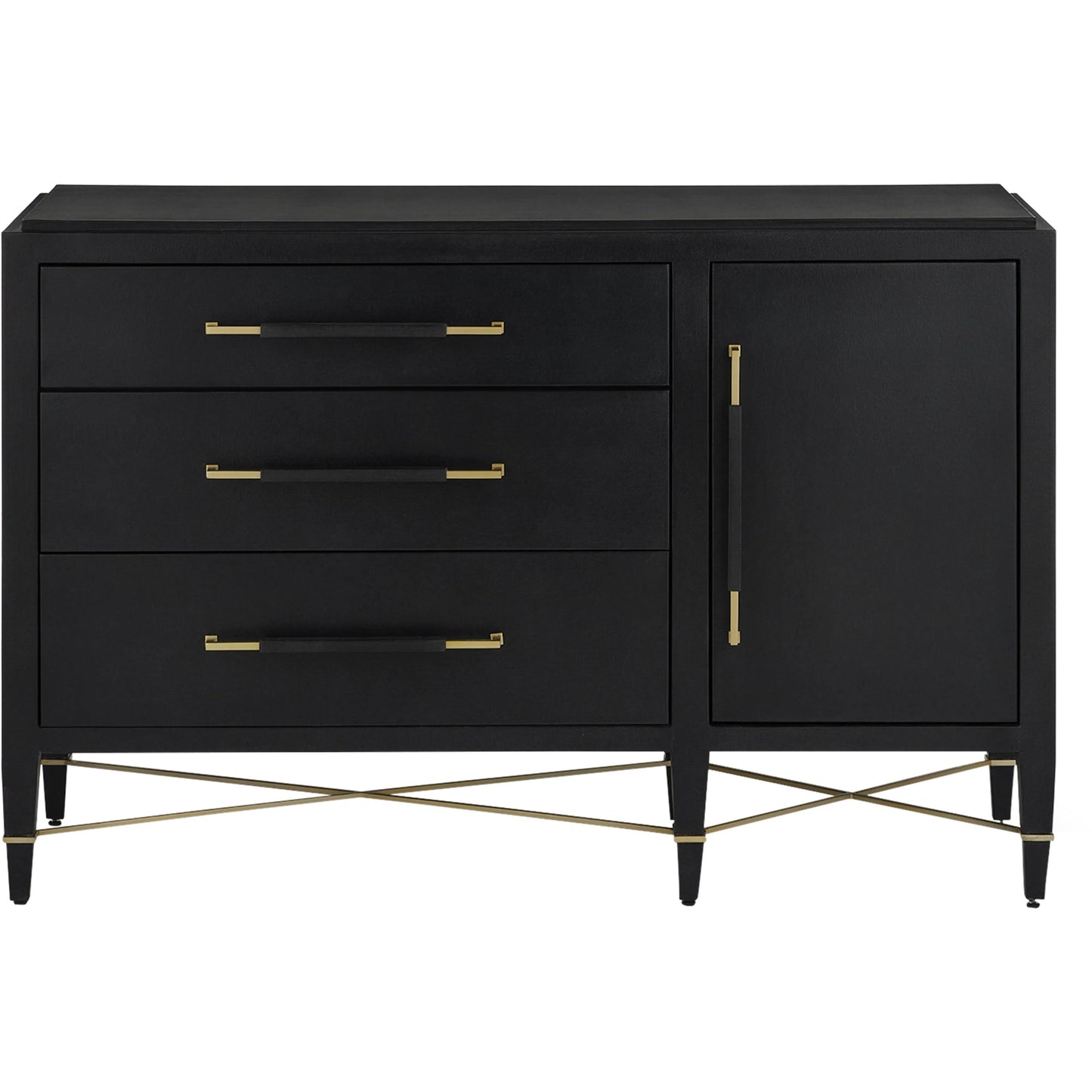 014 SI-2007903 | Additional Silo | Verona Three-Drawer Chest by Currey and Company in lacquered black linen, champagne. Made from black linen, mahogany, brass, iron in a traditional style.