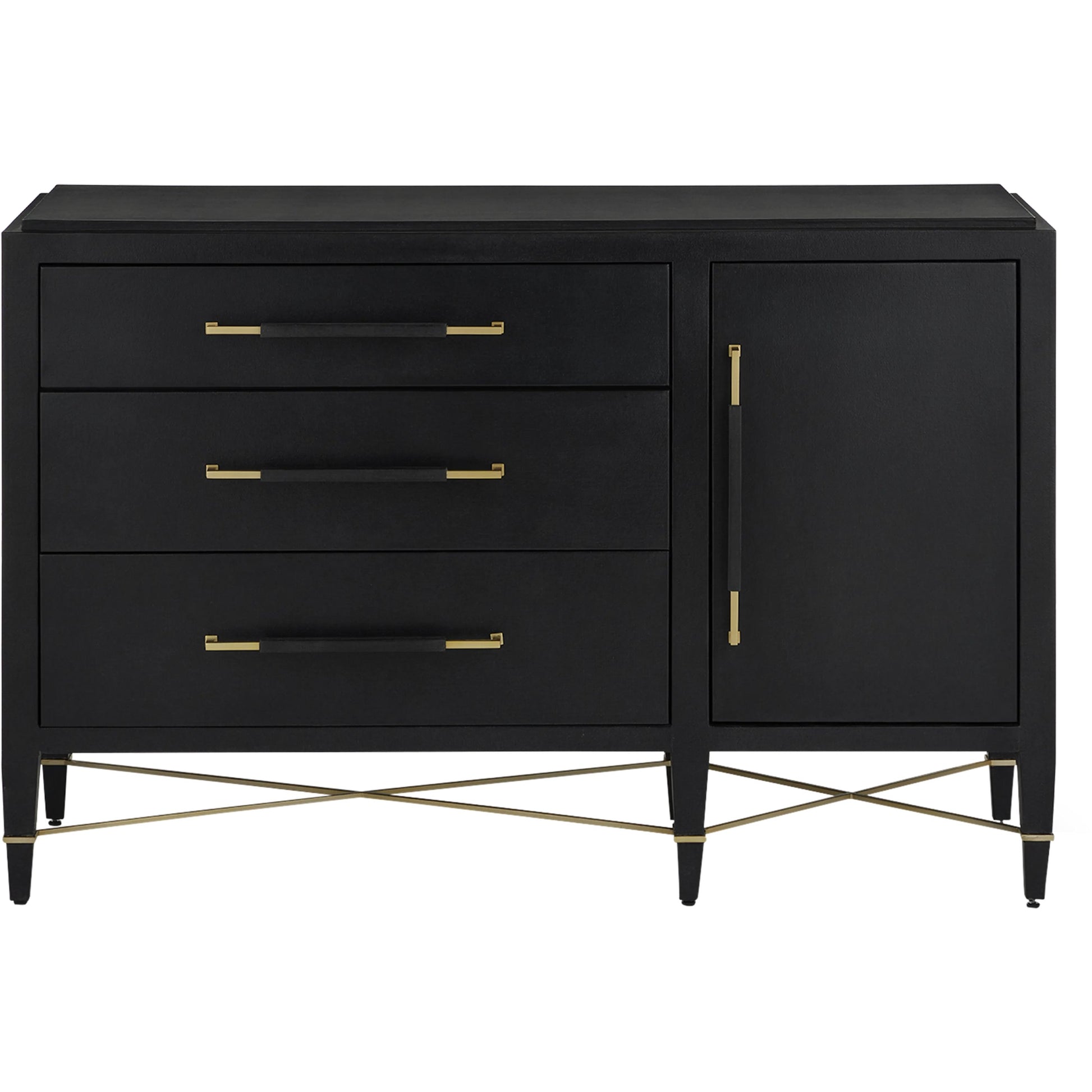 Verona Three-Drawer Chest by Currey and Company in lacquered black linen, champagne. Made from black linen, mahogany, brass, iron in a traditional style.