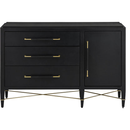 Verona Three-Drawer Chest by Currey and Company in lacquered black linen, champagne. Made from black linen, mahogany, brass, iron in a traditional style.