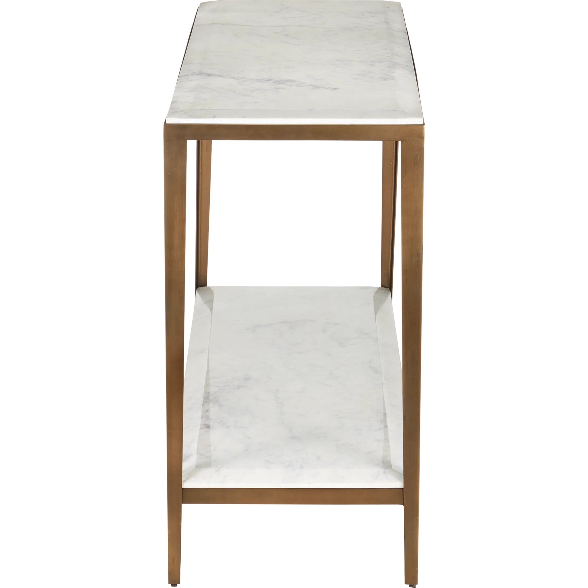 Oblique Marble Console Table by Currey and Company in natural, antique brass. Made from white lilac marble, iron, engineered wood in a modern style.