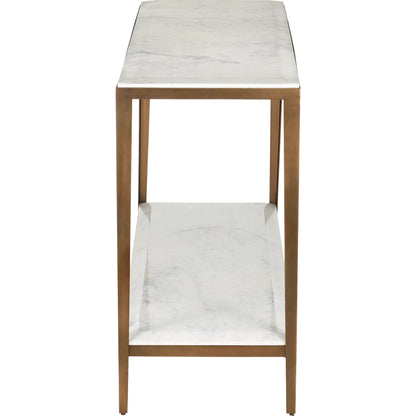 Oblique Marble Console Table by Currey and Company in natural, antique brass. Made from white lilac marble, iron, engineered wood in a modern style.