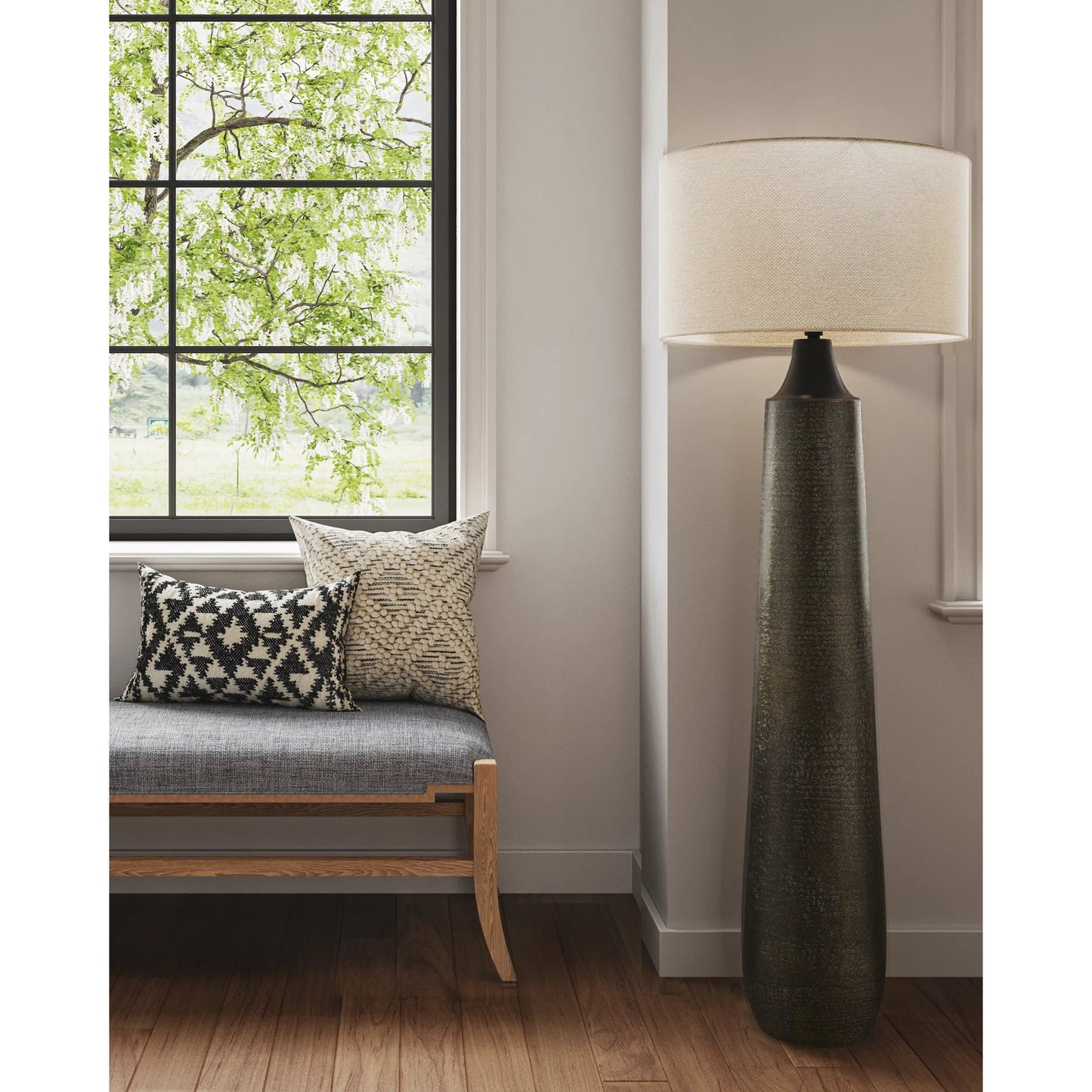 007 SI-2007693 | Lifestyle | Brigadier Floor Lamp by Currey and Company in antique brass, black, whitewash. Made from aluminum in a modern style.