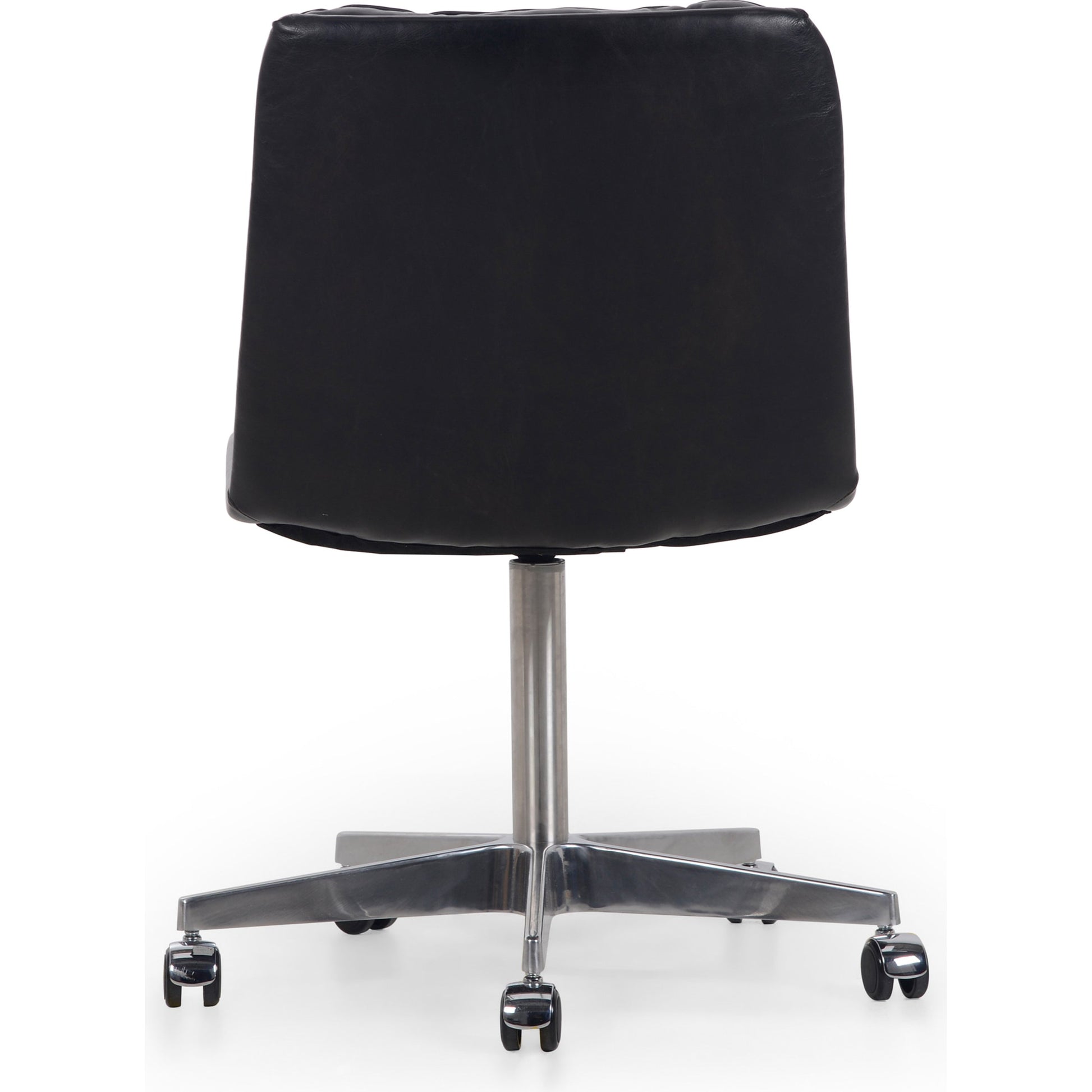 Malibu Desk Chair by Four Hands in rider black. Made from top grain leather, aluminum, 100% polyester in a modern style.