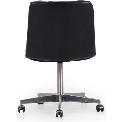 Malibu Desk Chair by Four Hands in rider black. Made from top grain leather, aluminum, 100% polyester in a modern style.