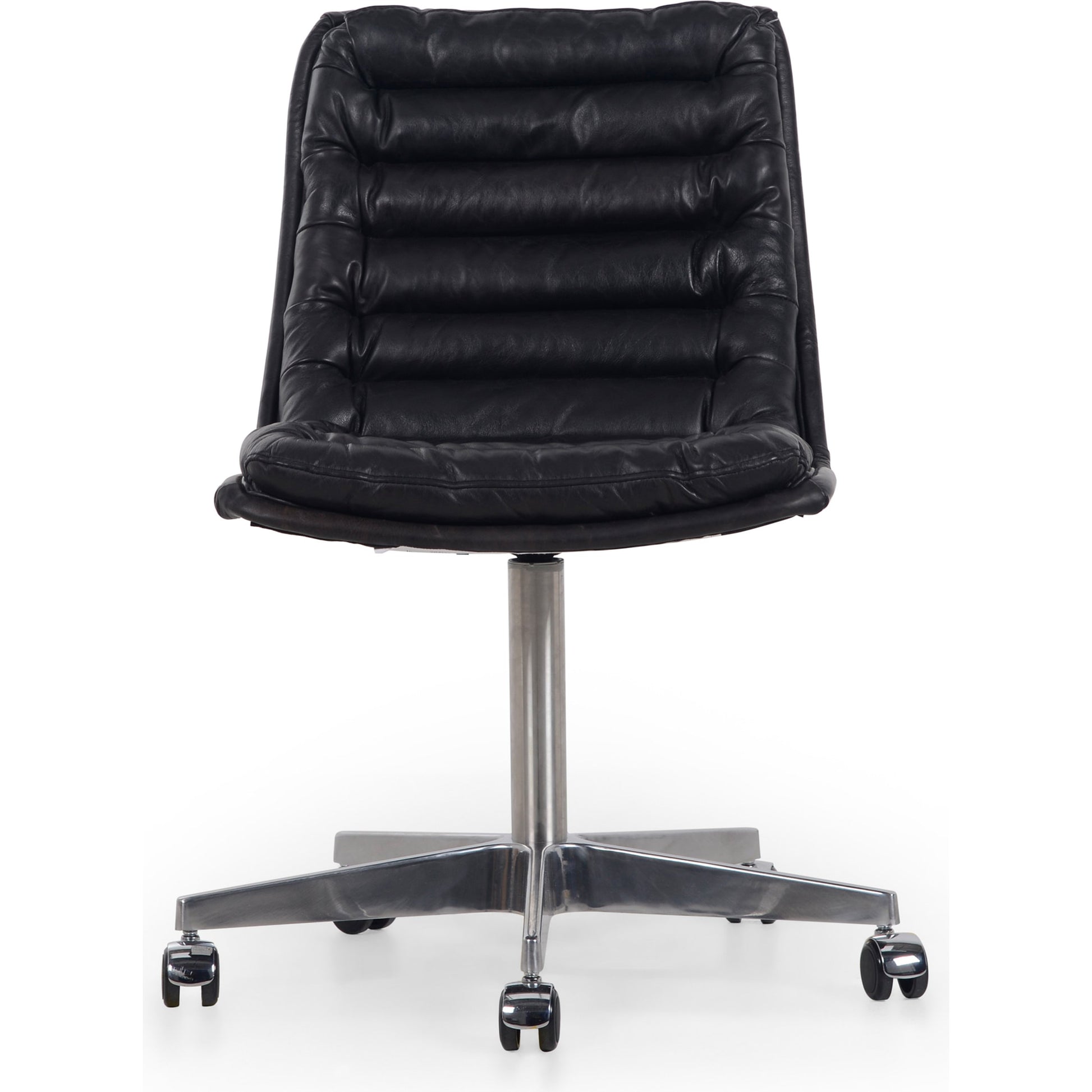 Malibu Desk Chair by Four Hands in rider black. Made from top grain leather, aluminum, 100% polyester in a modern style.
