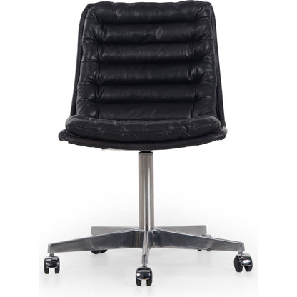 Malibu Desk Chair by Four Hands in rider black. Made from top grain leather, aluminum, 100% polyester in a modern style.