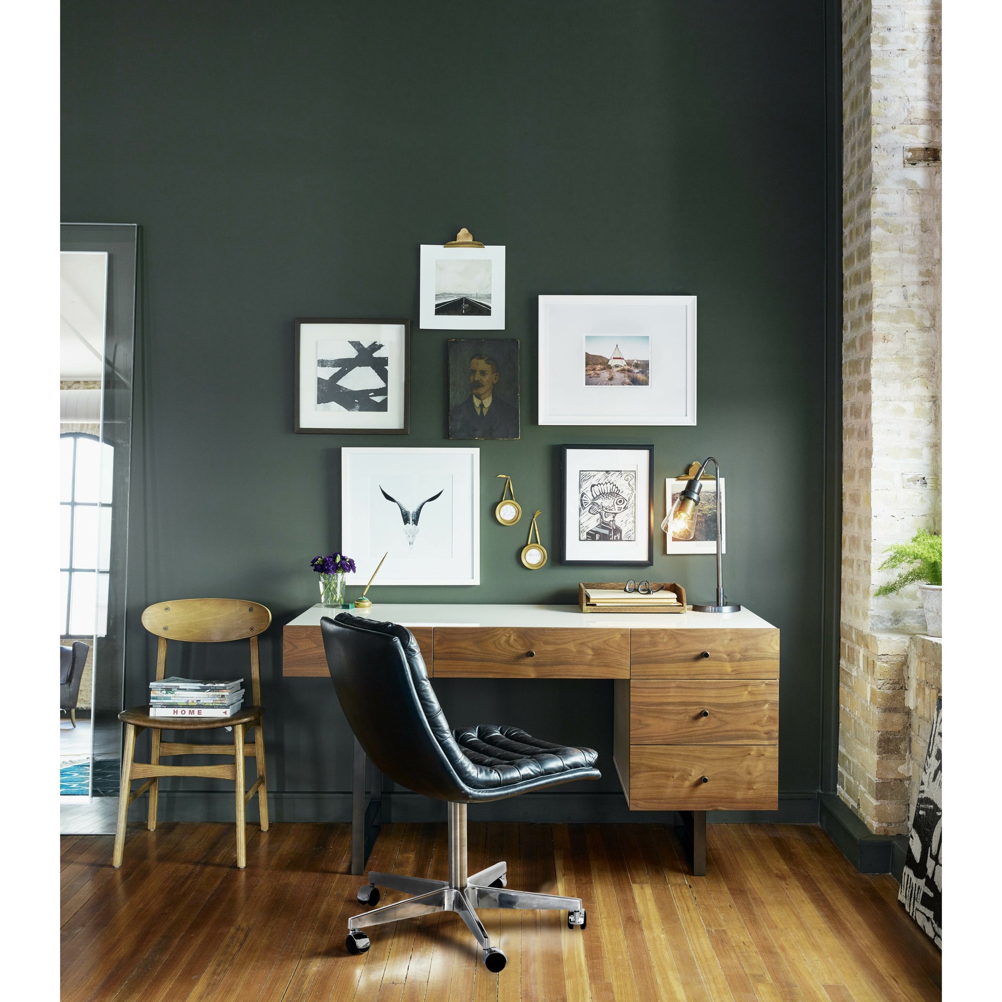 Malibu Desk Chair by Four Hands in rider black. Made from top grain leather, aluminum, 100% polyester in a modern style.