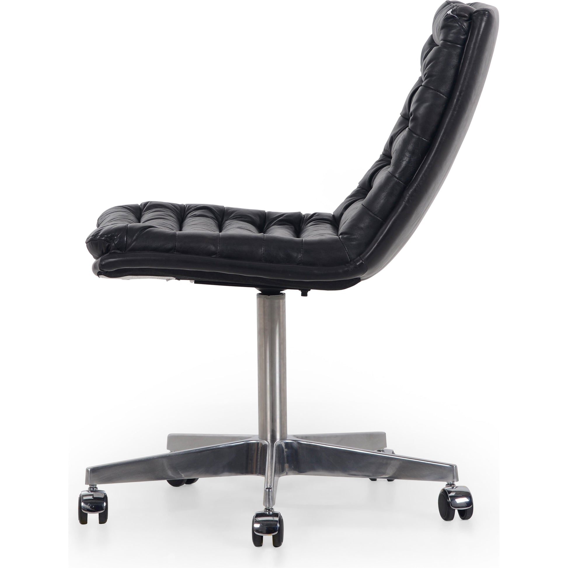 Malibu Desk Chair by Four Hands in rider black. Made from top grain leather, aluminum, 100% polyester in a modern style.