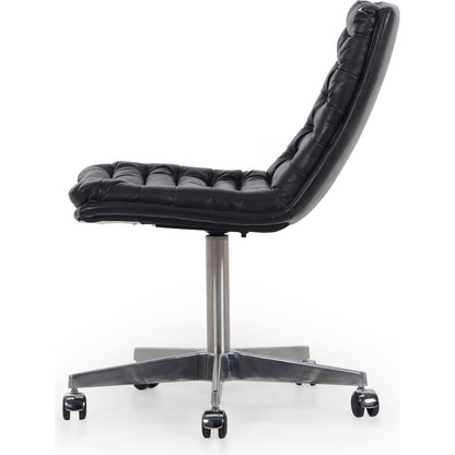 Malibu Desk Chair by Four Hands in rider black. Made from top grain leather, aluminum, 100% polyester in a modern style.