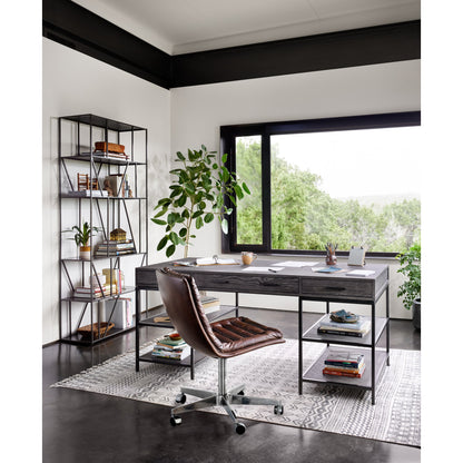Malibu Desk Chair by Four Hands in rider black. Made from top grain leather, aluminum, 100% polyester in a modern style.
