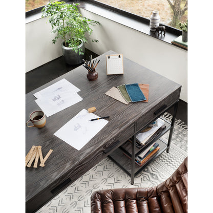 Malibu Desk Chair by Four Hands in rider black. Made from top grain leather, aluminum, 100% polyester in a modern style.