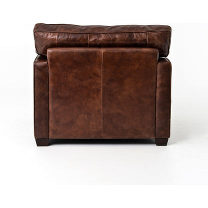 Larkin Club Chair by Four Hands in cigar and antique oak, antique brass nailhead. Made from top grain leather, solid ash, iron in a modern style.