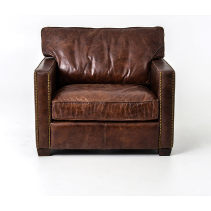 Larkin Club Chair by Four Hands in cigar and antique oak, antique brass nailhead. Made from top grain leather, solid ash, iron in a modern style.