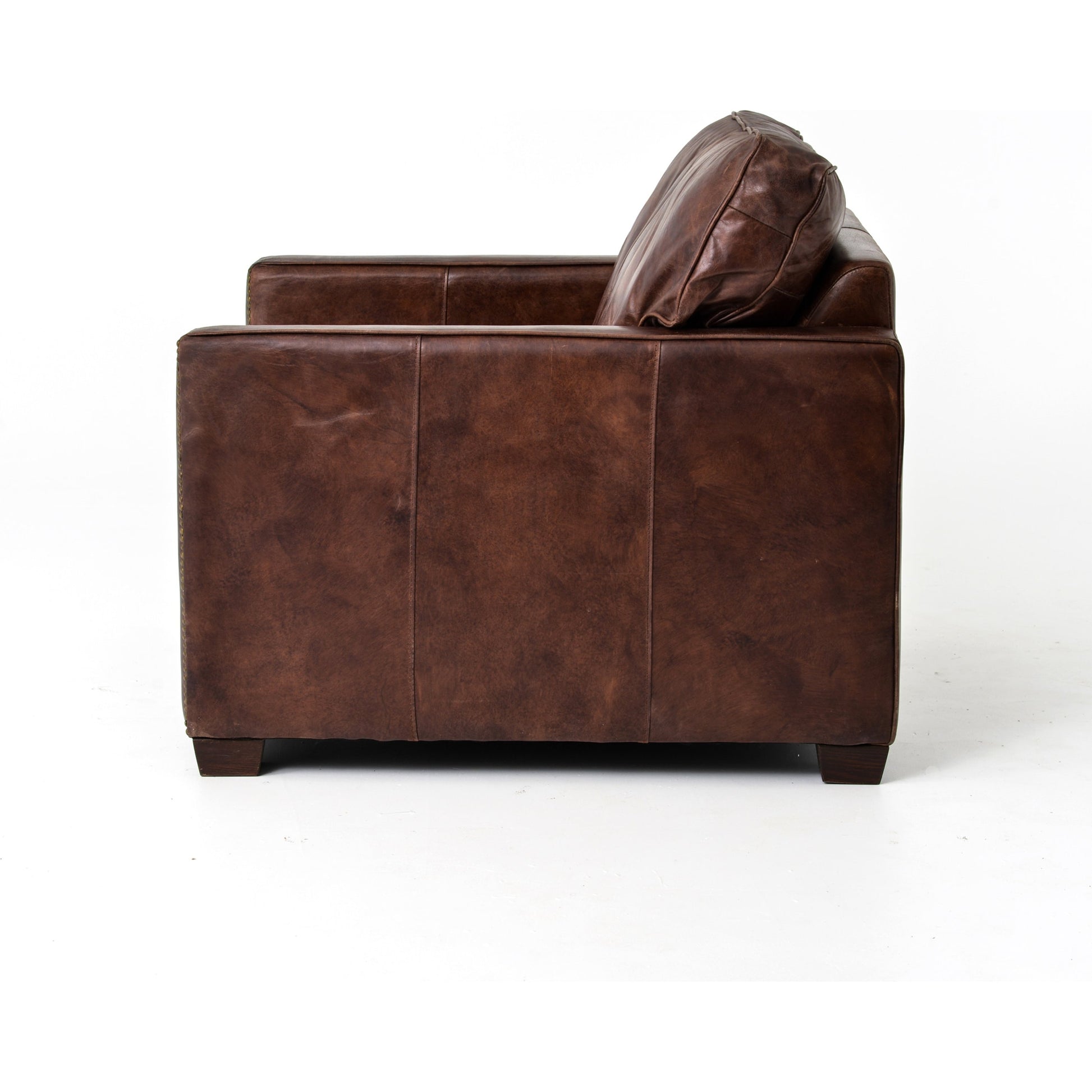 Larkin Club Chair by Four Hands in cigar and antique oak, antique brass nailhead. Made from top grain leather, solid ash, iron in a modern style.