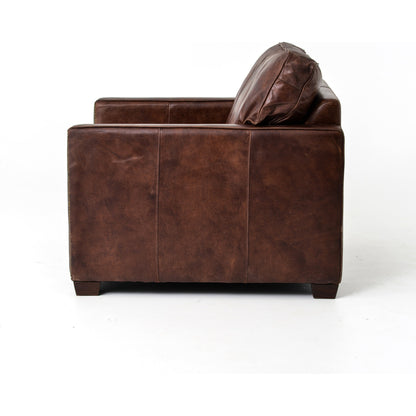 Larkin Club Chair by Four Hands in cigar and antique oak, antique brass nailhead. Made from top grain leather, solid ash, iron in a modern style.