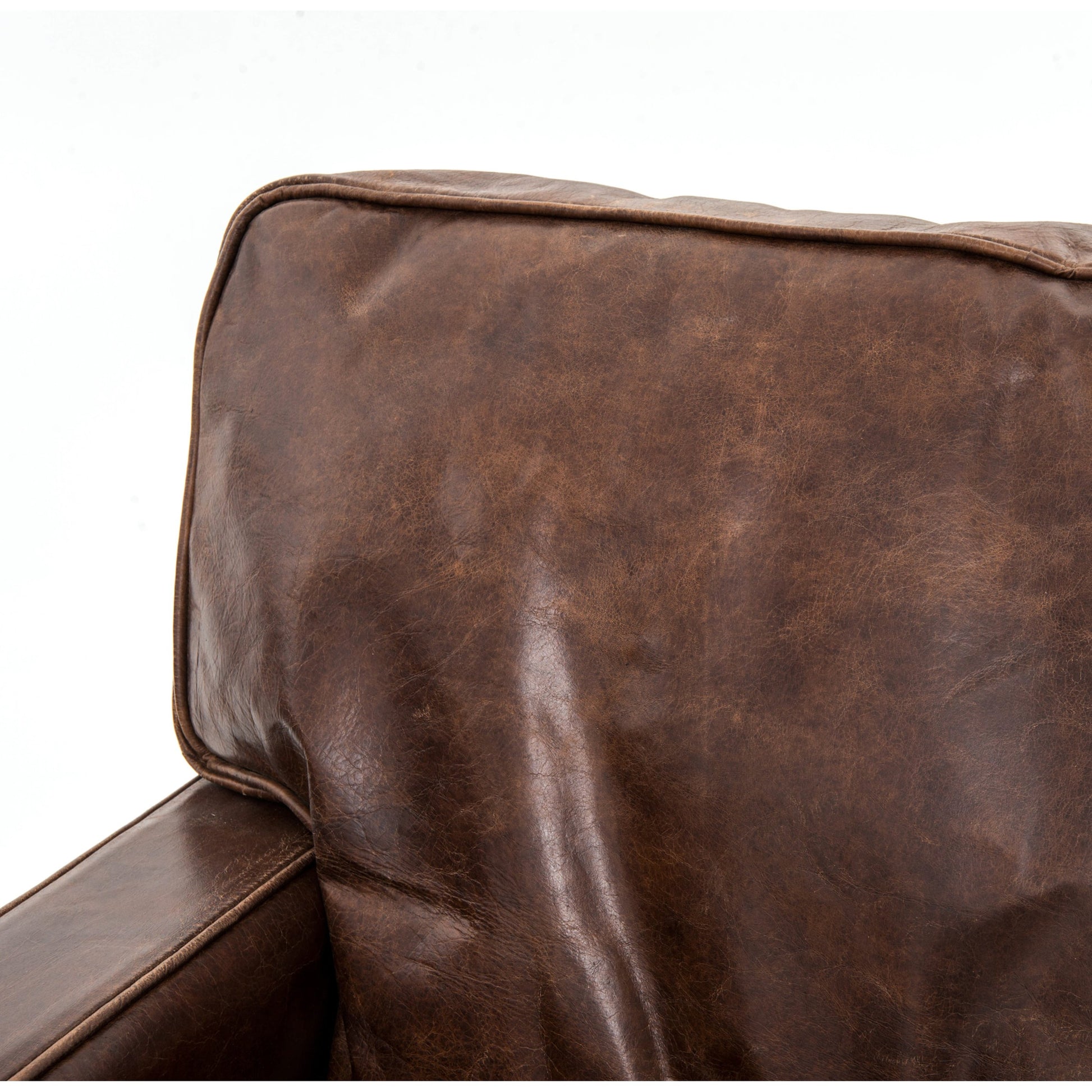 Larkin Sofa by Four Hands in cigar, antique oak, antique brass nailhead. Made from top grain leather, solid ash, iron in a modern style.