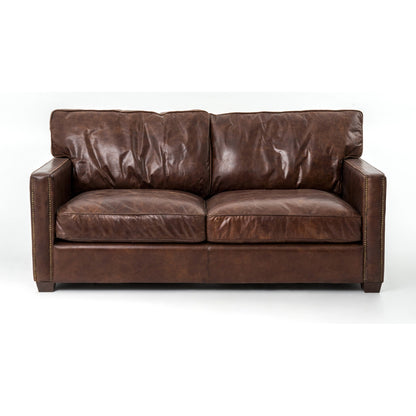 Larkin Sofa by Four Hands in cigar, antique oak, antique brass nailhead. Made from top grain leather, solid ash, iron in a modern style.