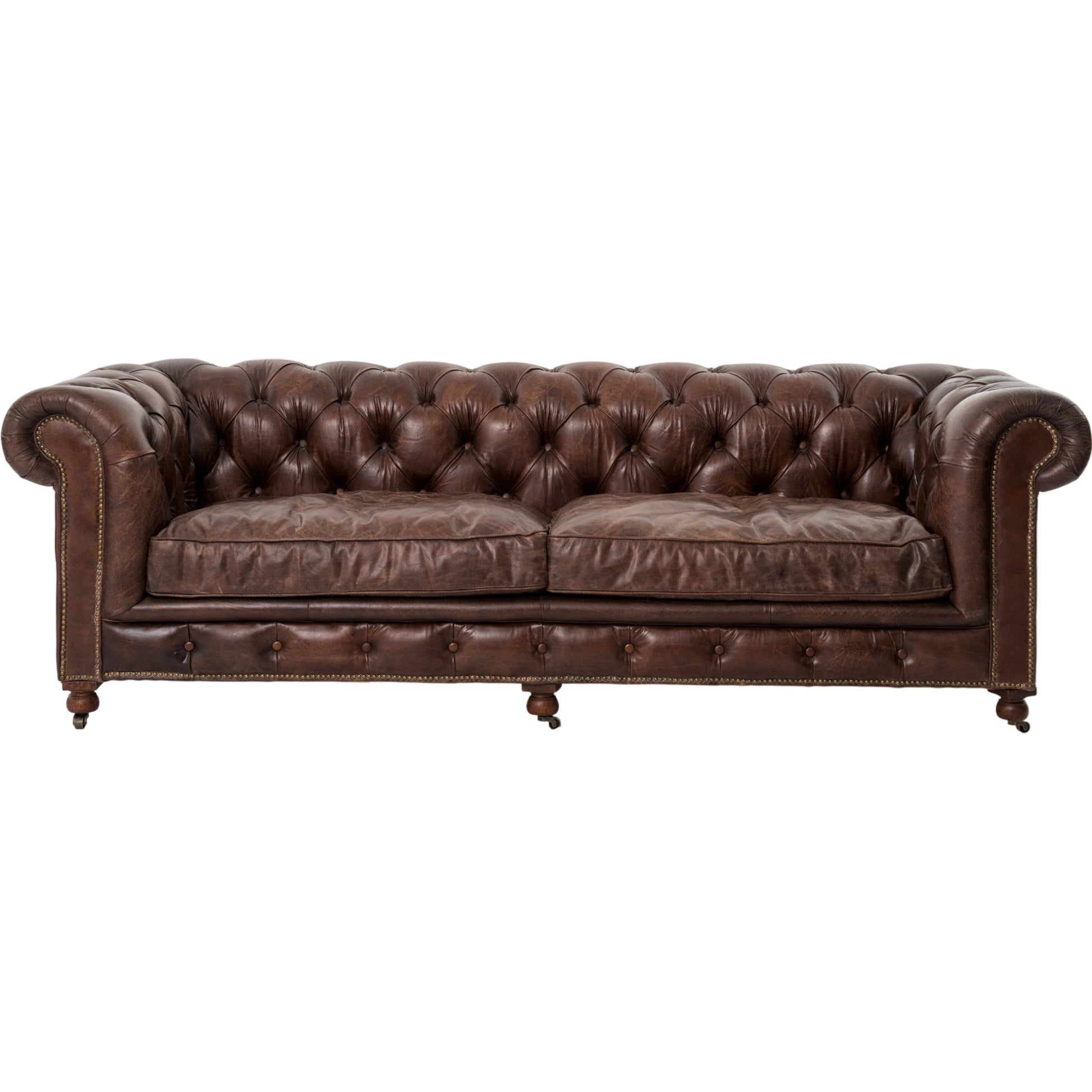 Conrad Sofa by Four Hands in cigar, antique oak, antique brass nailhead. Made from top grain leather, solid ash, iron in a traditional style.