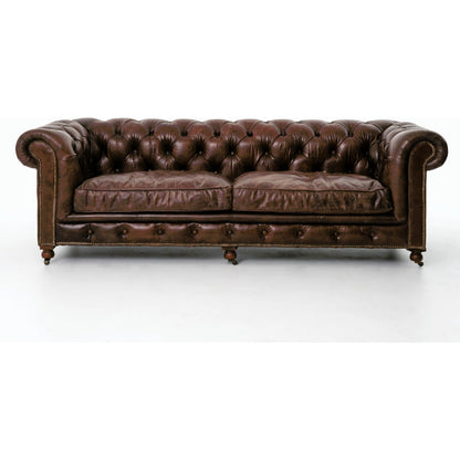 Conrad Sofa by Four Hands in cigar, antique oak, antique brass nailhead. Made from top grain leather, solid ash, iron in a traditional style.