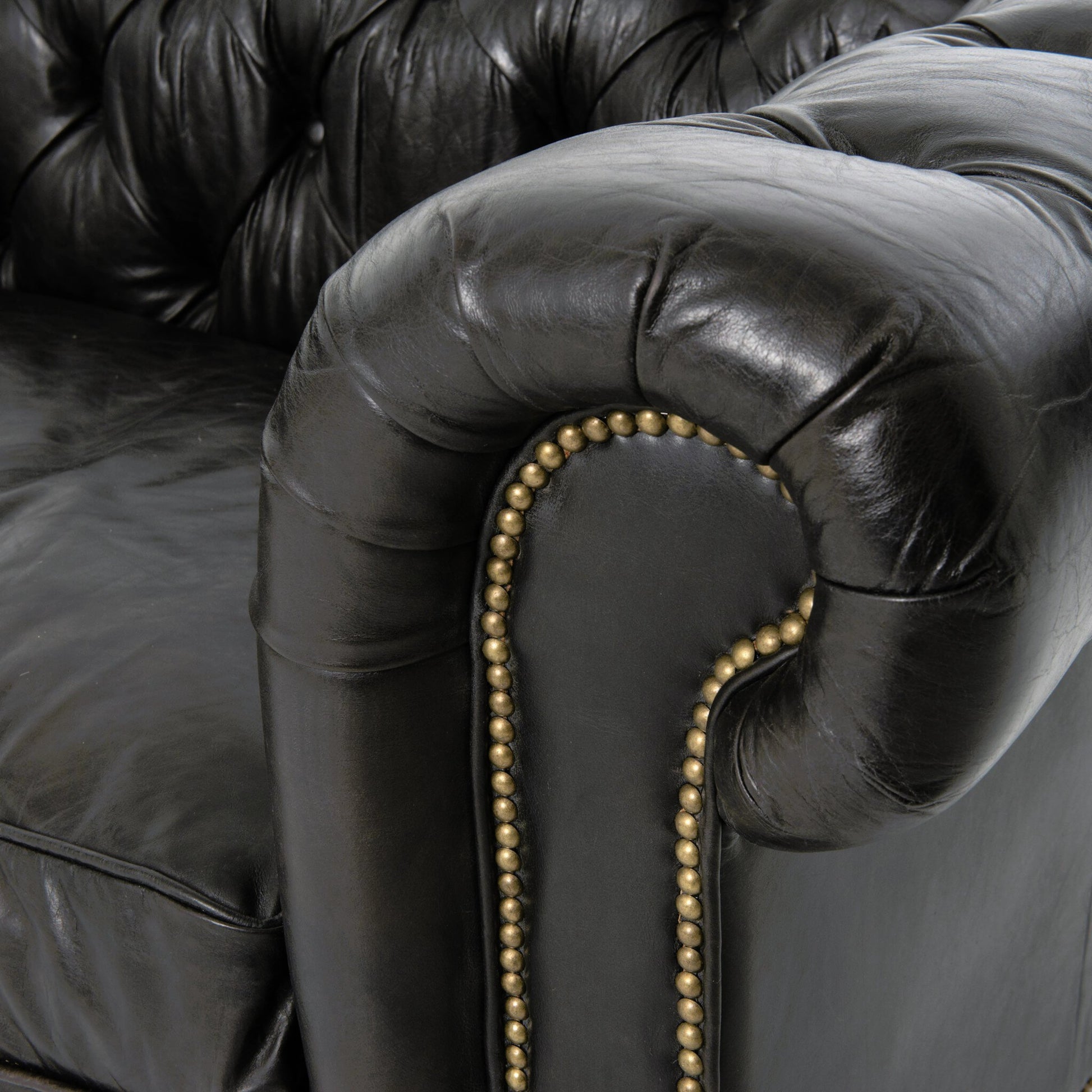 Conrad Sofa by Four Hands in cigar, antique oak, antique brass nailhead. Made from top grain leather, solid ash, iron in a traditional style.