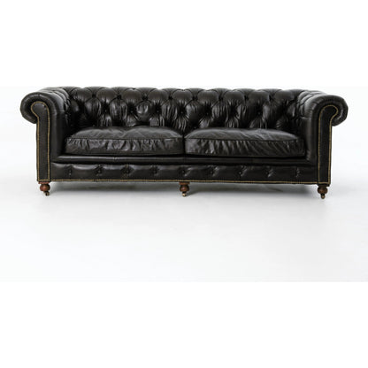 Conrad Sofa by Four Hands in cigar, antique oak, antique brass nailhead. Made from top grain leather, solid ash, iron in a traditional style.